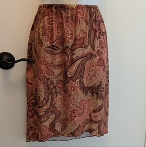 Vintage "Obe" Pink & Brown & Tan Knee-Length Pencil Skirt With Brown Curly Trim